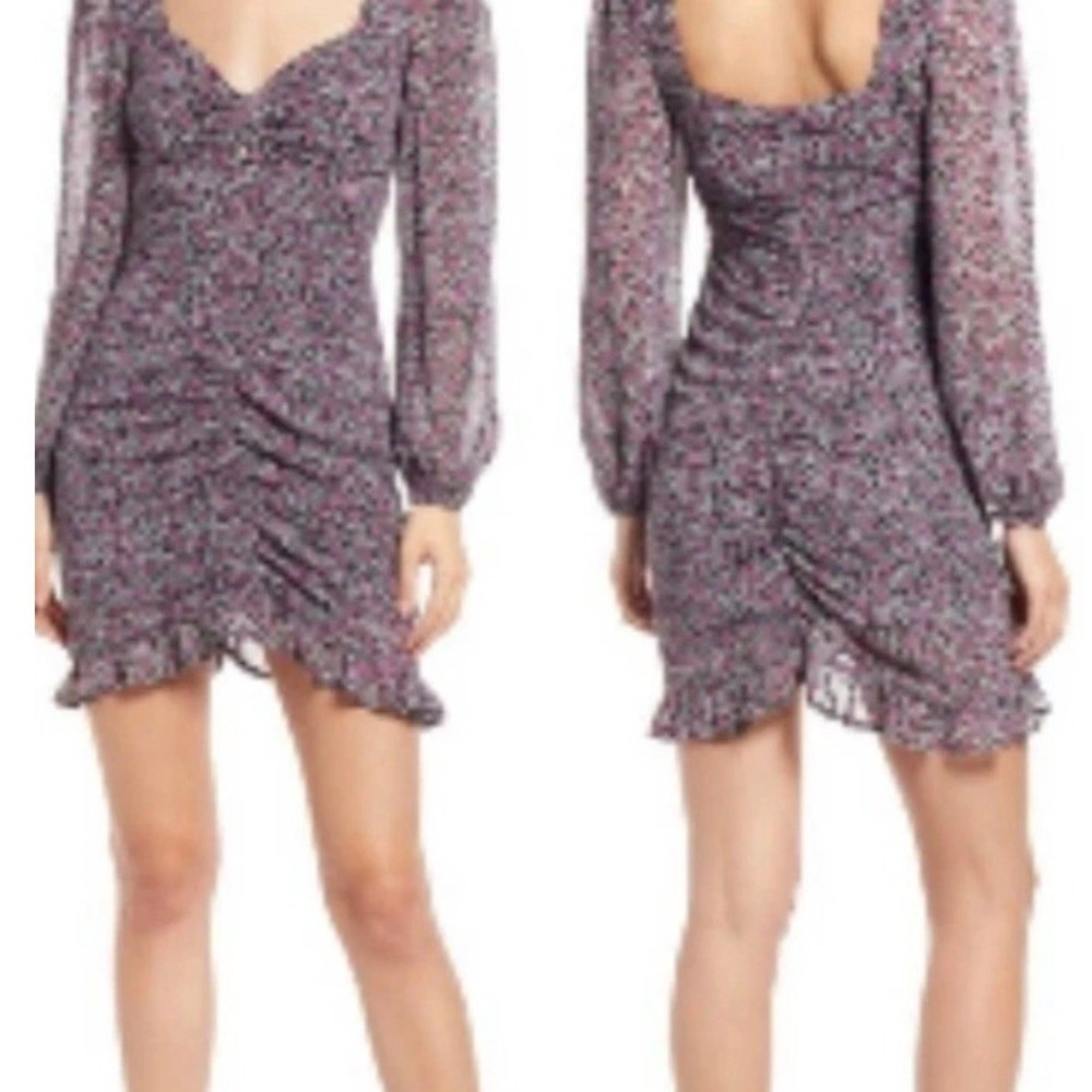 Floret Studios Magenta Floral Ruched Mini Dress Black Long Sleeve cottagecore
